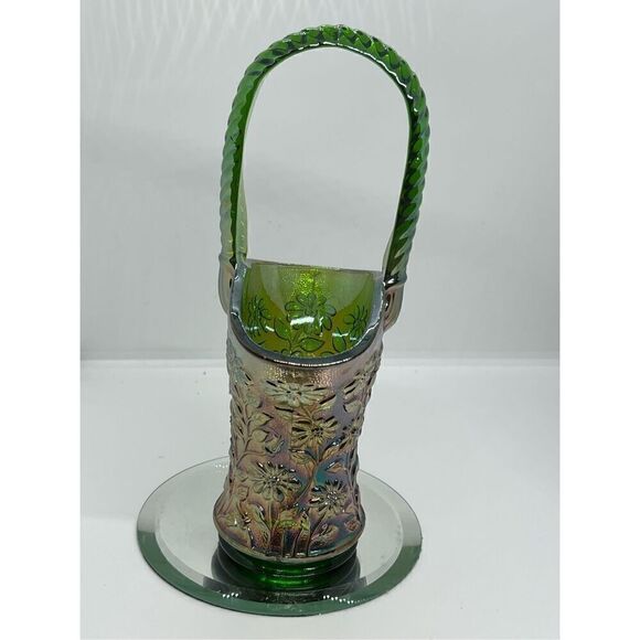 IMPERIAL CARNIVAL GLASS "HELIOS GREEN" GOLD IRIDESCENT BASKET-DAISY PATTERN 10” - Picture 4 of 9